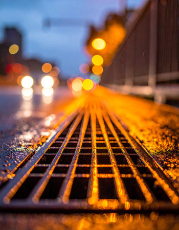 From a low-angle perspective, a metal storm drain glistens on a wet city street after a recent rain.の素材