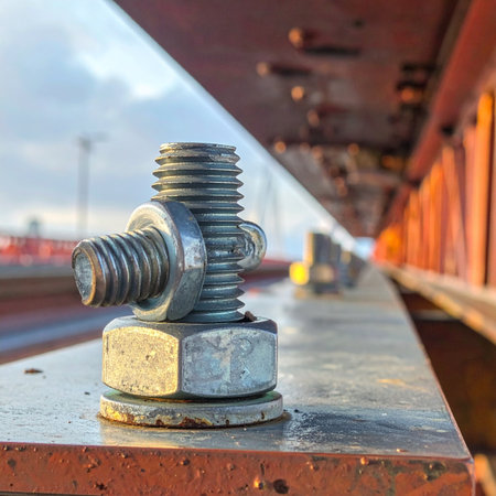 A close-up view captures the essential strength of a heavy-duty structural bolt and nut, firmly securing a steel girder.の素材