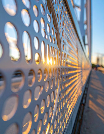 Golden hour sunlight streams through the circular perforations of a modern metal facade, creating a dynamic play of light and shadow.の素材