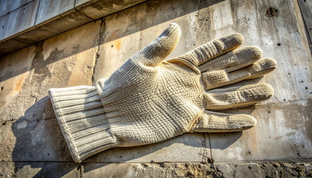 A monumental stone sculpture of a worker's glove, weathered by time and bathed in harsh sunlight.の素材