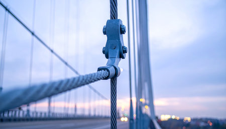 A detailed close-up of a massive steel suspension cable, securely fastened.の素材
