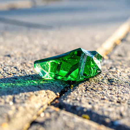 A single shard of green glass rests on the cracked, grey pavement, catching the sunlight like a forgotten emerald.の素材