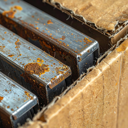 Close-up detail of rusted steel profiles packed within a deteriorating cardboard box.の素材