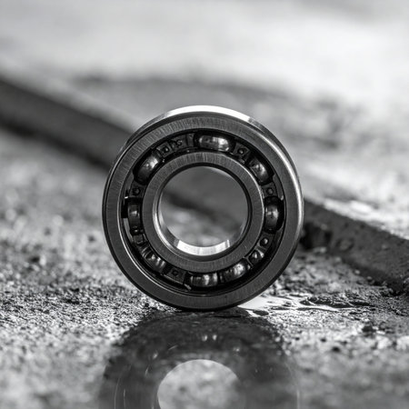 A detailed macro shot captures the intricate design of a single steel ball bearing. Presented in stark black and white, it rests on a rough, textured surface, its polished metal reflecting the light.の素材