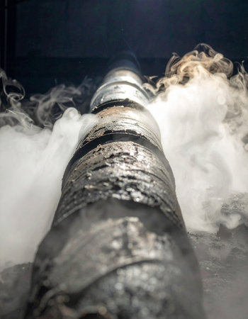 From a low-angle perspective, a massive industrial pipe vents a thick cloud of white smoke, suggesting immense power and pressure being released.の素材