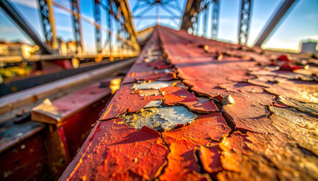 A low-angle, close-up perspective reveals the intricate textures of time on an old industrial bridge.の素材