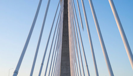 From a low angle perspective, the powerful lines of a modern cable-stayed bridge reach for the clear blue sky.の素材