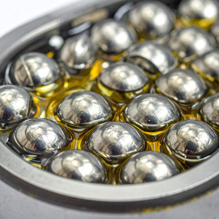 A macro view reveals the heart of a machine: precision steel ball bearings bathed in viscous, golden lubricant.の素材