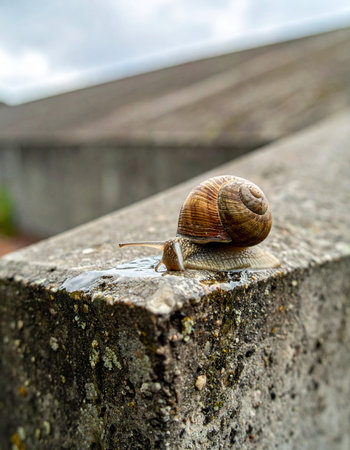 A lone snail makes its slow and steady journey across a weathered concrete wall.の素材