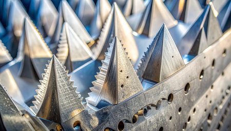 A macro view reveals the formidable, sharp teeth of industrial machinery.の素材