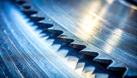 A macro view captures the razor-sharp teeth of a massive industrial saw blade, gleaming under cool blue light.の素材
