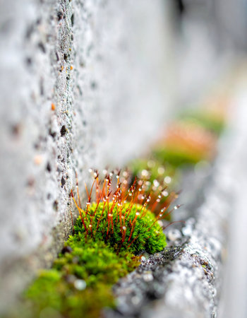 A macro perspective captures the tenacious spirit of nature as vibrant green moss sprouts defiantly from a crack in a cold, grey concrete wall.の素材