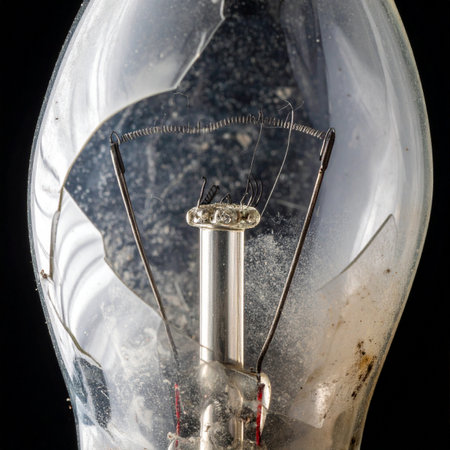 A macro shot captures the dramatic end of an incandescent lightbulb. The shattered glass and burnt filament symbolize a broken idea, burnout, or the conclusion of an era.の素材