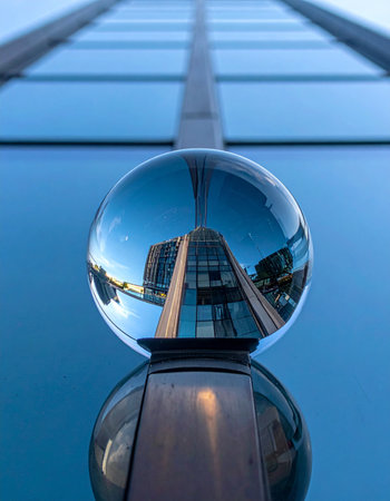 A crystal ball offers a unique and distorted perspective of a modern glass skyscraper, reflecting the world of corporate finance and future ambitions.の素材