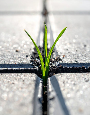 In a world of gray concrete and hard lines, a single green sprout demonstrates incredible resilience.の素材