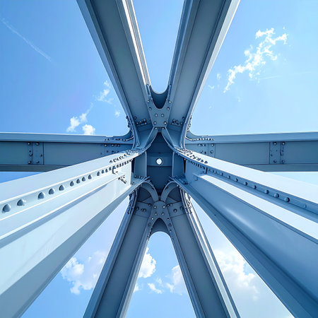 A low-angle, abstract view looking up into the heart of a massive steel bridge.の素材