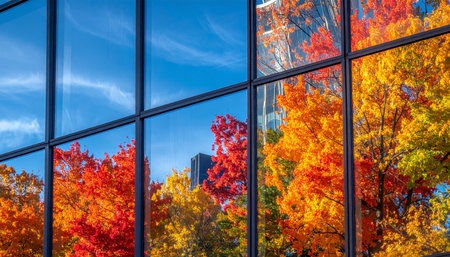 The vibrant colors of autumn are captured in the reflective glass of a modern city skyscraper.の素材