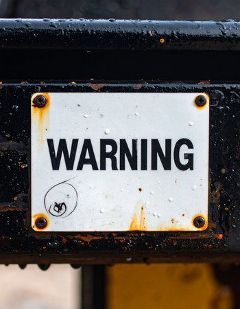 An old, weathered warning sign, stained with rust and beaded with rain, is bolted to a dark industrial beam.の素材