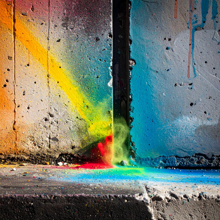A vibrant explosion of rainbow colors bursts forth from a dark seam in a rough concrete wall, symbolizing creativity, hope, and positive energy breaking through barriers.の素材