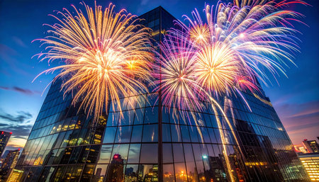 A spectacular fireworks display illuminates the night sky, bursting in vibrant colors above a modern glass skyscraper.の素材