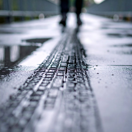 A close-up view captures the detailed impression of a tire track on wet, reflective pavement.の素材