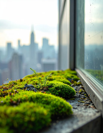 In the heart of a bustling metropolis, a patch of vibrant green moss thrives on a high-rise windowsill.の素材