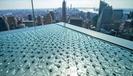 From the pinnacle of a modern skyscraper, a unique textured glass floor offers a breathtaking and dizzying perspective of the sprawling city below.の素材