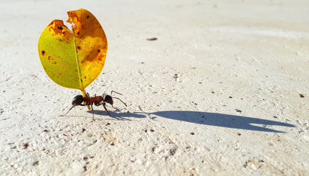 In the bright sun, a single, determined ant demonstrates incredible strength and perseverance. It carries a large leaf, which billows like a sail, on its long journey across a vast, sandy landscape.の素材