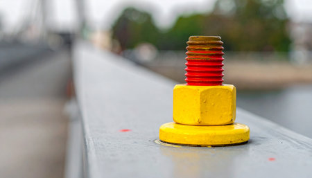 A close-up shot captures a brightly painted yellow nut and red-threaded bolt standing out against a muted grey metal beam.の素材