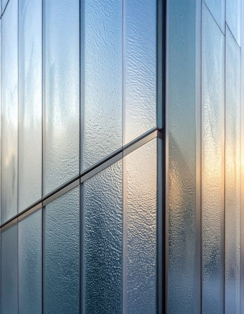 A close-up of a modern glass facade captures the serene beauty of the golden hour.の素材