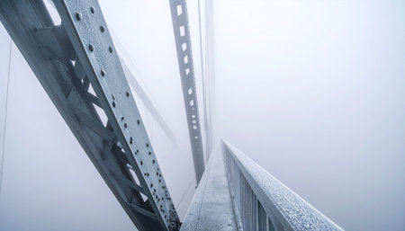 A low-angle perspective captures the immense scale of a steel bridge as its powerful architectural lines and cables recede and vanish into a dense, atmospheric fog.の素材