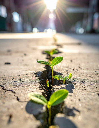 In a powerful display of resilience, a tiny green sprout emerges from a crack in the urban pavement.の素材