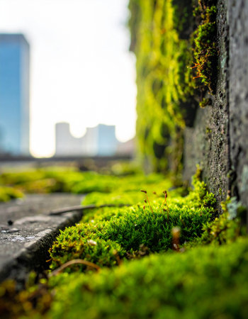In a quiet corner of the bustling city, vibrant green moss tenaciously carpets a stone ledge.の素材