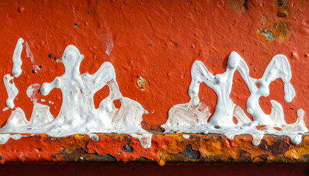A macro view captures the chaotic beauty of thick white paint dripping down a weathered red metal surface.の素材