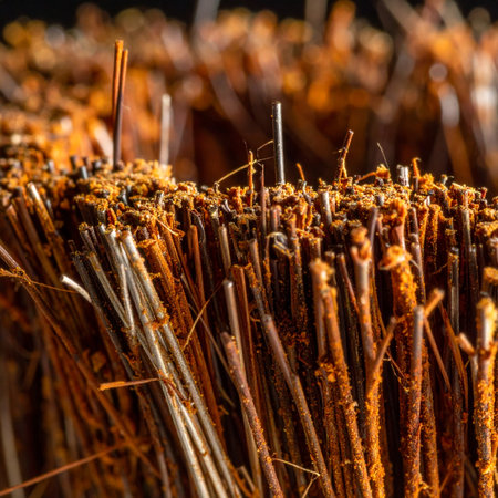 A detailed macro shot captures the intricate texture of a traditional thatched roof. Bundles of dried straw and reeds are layered together, glowing in the warm, golden light of the late afternoon sun.の素材