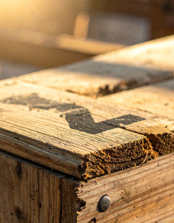 An old wooden shipping crate, marked with a single letter, sits in the warm glow of the sun.の素材