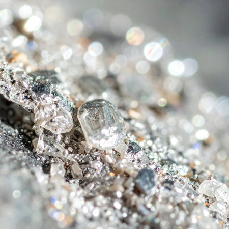 A close-up, macro view reveals the breathtaking natural beauty of raw, uncut diamonds nestled within their native kimberlite ore.の素材