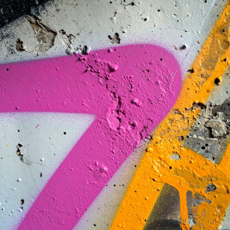 A close-up macro shot captures the raw texture of vibrant pink and yellow graffiti on a weathered concrete surface.の素材