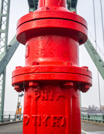 A low-angle, close-up view captures the powerful presence of a bright red industrial standpipe.の素材