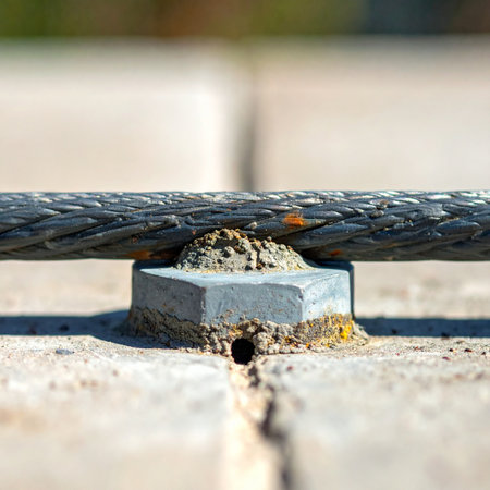 A close-up detail shot of a heavy-duty steel tension cable firmly secured to a concrete foundation with a robust anchor bolt.の素材