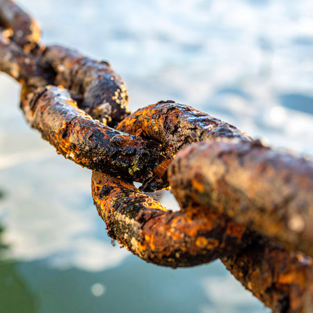 A close-up view captures the intricate texture of a heavy, rusted chain link, weathered by time and the elements.の素材