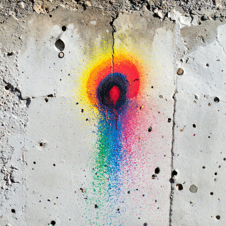 A surprising burst of vibrant rainbow color erupts from a crack in a cold, grey concrete wall.の素材