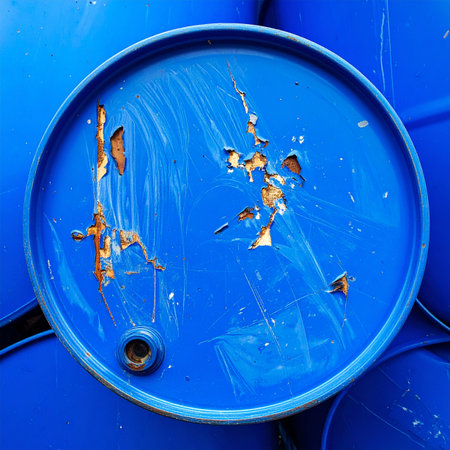 An overhead close-up captures the weathered surface of a blue industrial drum.の素材