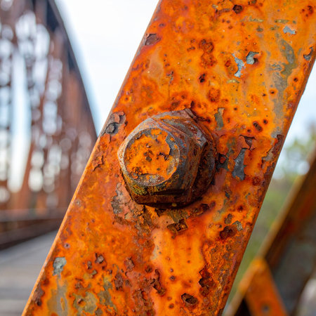 A macro shot captures the intricate texture of a heavily rusted bolt securing a steel beam.の素材