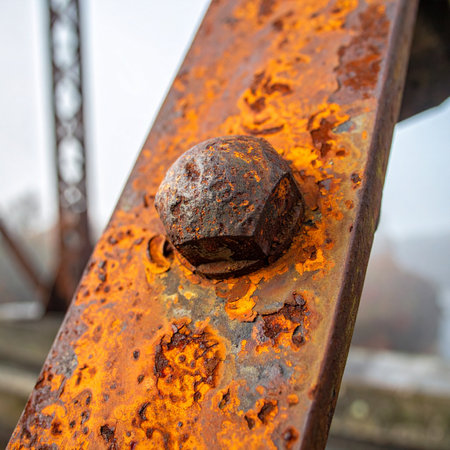 A close-up macro shot captures the intricate texture of corrosion on an old, weathered steel beam.の素材