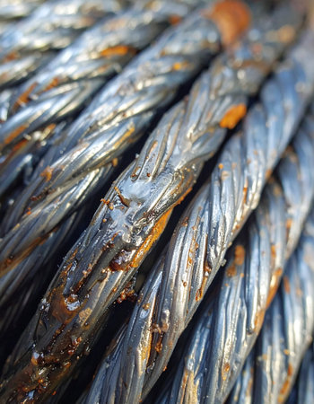 A macro view reveals the intricate details of a heavy-duty steel cable, its twisted strands showing signs of rust and wear.の素材