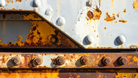 A close-up view reveals the enduring strength of an industrial steel structure.の素材