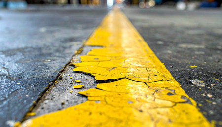 A low-angle, selective focus view captures the weathered texture of a peeling yellow safety line on a gritty concrete floor.の素材