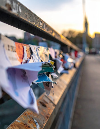 A close-up view of weathered and torn paper posters clinging to a rusty metal railing.の素材