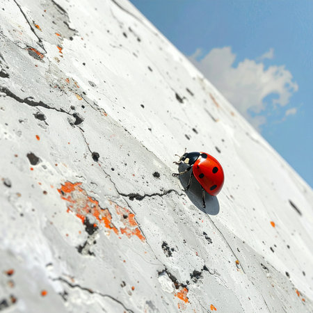 From a low angle perspective, a single vibrant red ladybug embarks on a determined journey up a weathered and cracked white wall.の素材